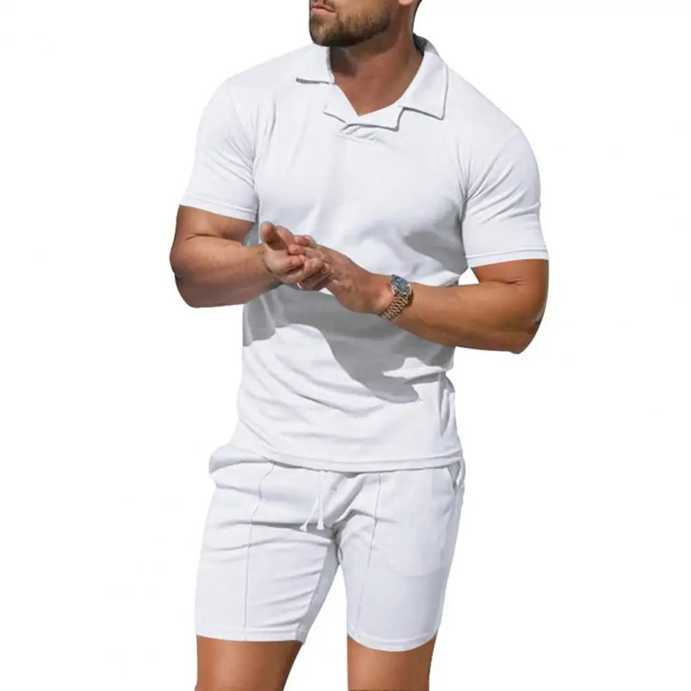 

Men Outfit Set Men's Short Sleeve Pullover Drawstring Shorts Set with Pockets Solid Color Sportswear for Active for Everyday