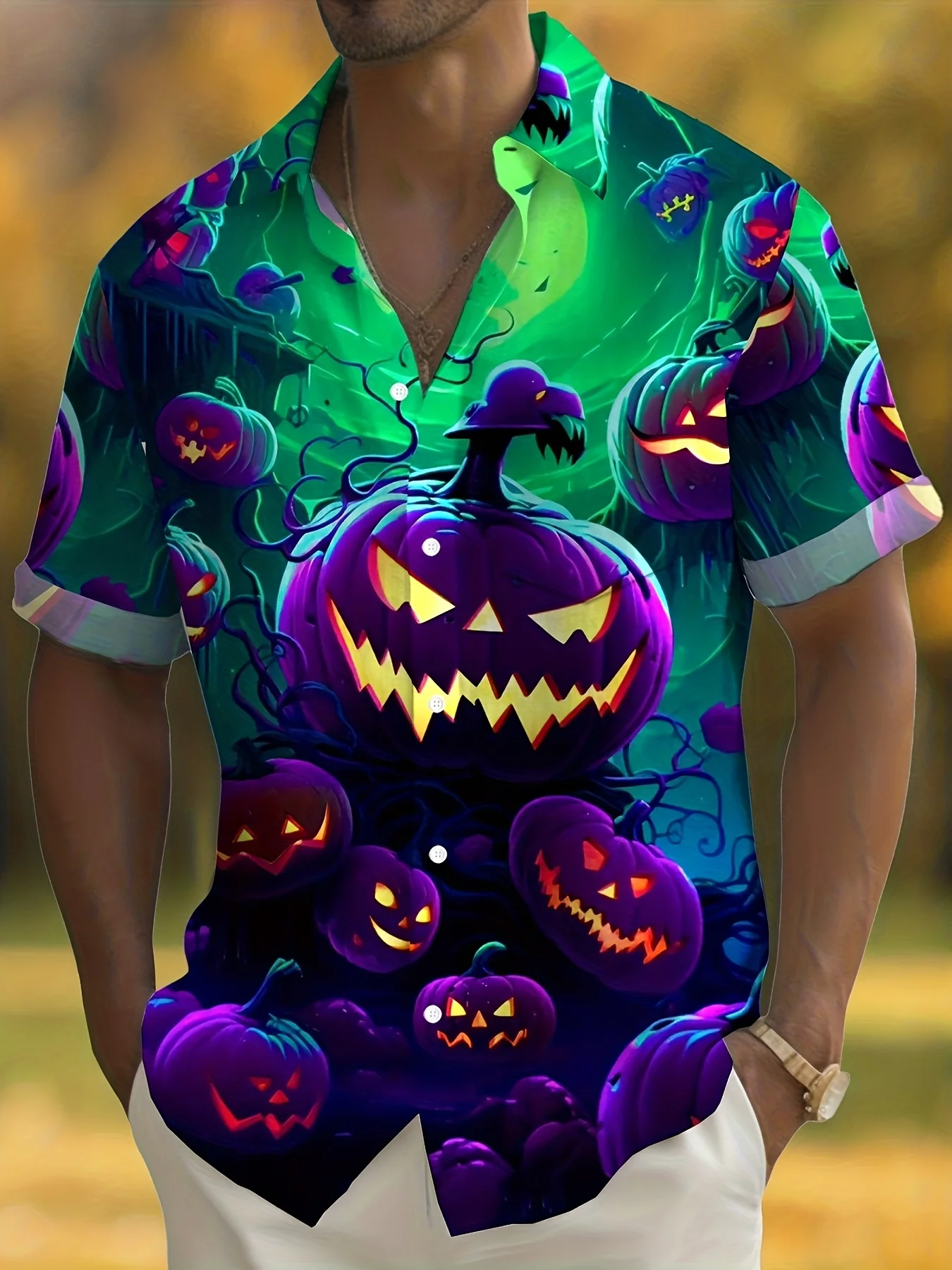 Men Halloween Scary Pumpkin Short Sleeve Shirt Glowing Jack‑o‑lantern Print Turn‑Down Collar Party Shirts