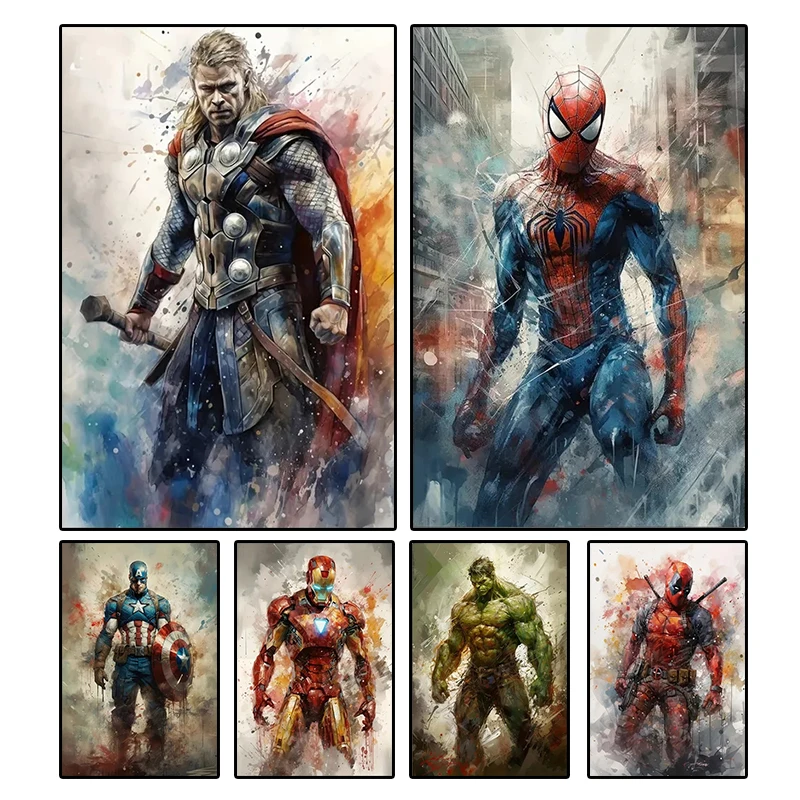 Marvel Avengers Superheroe Watercolor Canvas Painting Spider-Man Iron Man Hulk Movie Wall Art Poster Children Room Decor Cuadros