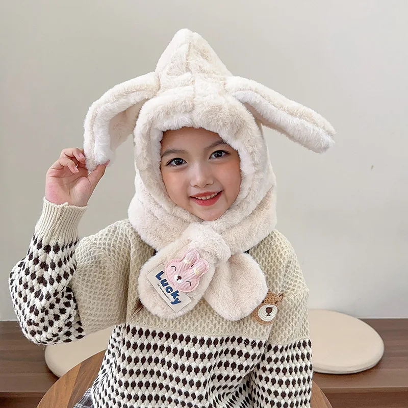 New Winter Comfortable Warm Breathable Children's Pullover Hat Cute Super Cute Ears Rabbit Print Cross Neck Plush Hat
