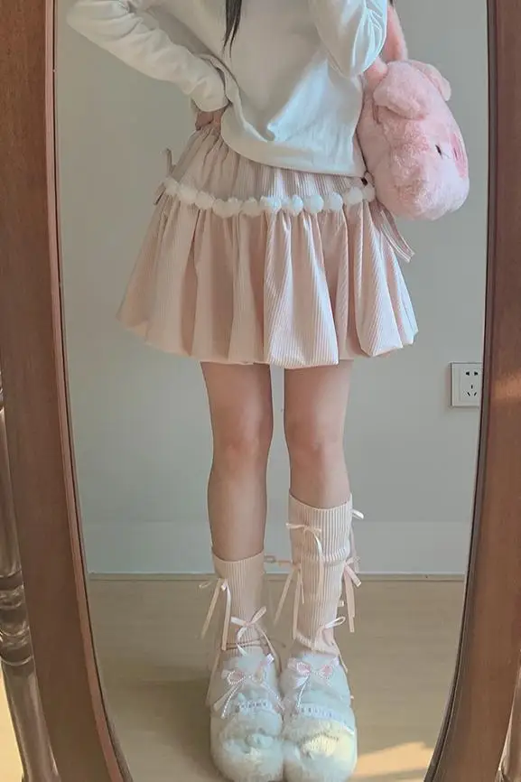 

Japan Sweet And Cute Girl'S High-Waisted Slim Bud Skirt Fur Ball Puff Skirt Corduroy Bow A-Line Skirt Autumn And Winter
