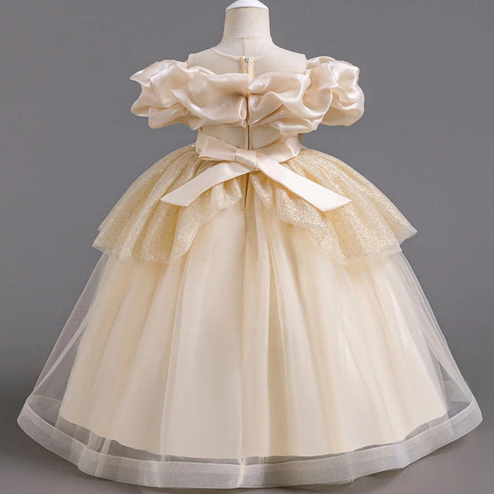 3-8T Solid Color Flower Girl Dress Cute Pleated Puff Off Shoulder Collar O-neck Gown Pearls Belt Bow Tiered Birthday Party Dress