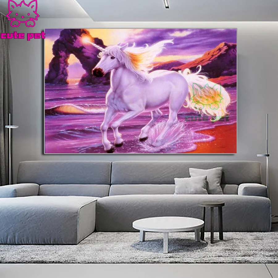 5d DIY Diamond Painting Unicorn galloping by the sea in the sunset Full Square Round Drill Poster Mosaic Cross Stitch Home Decor