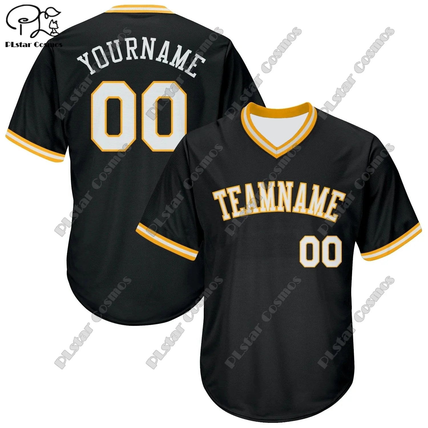 

New baseball jersey shirt customized 3D printing black contrasting series V-neck short-sleeved loose unisex T-shirt H-3