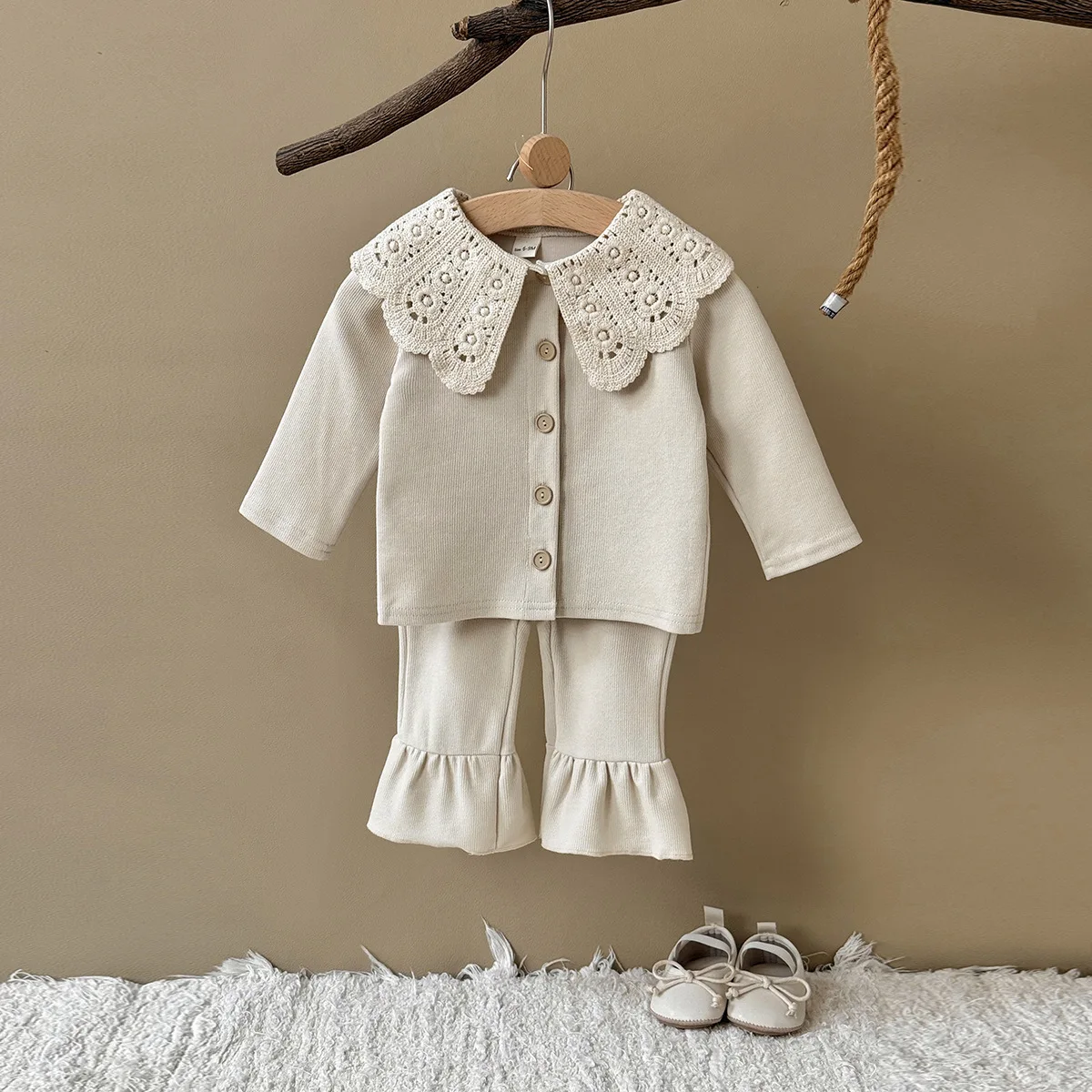 2027 Spring Autumn Newborn Baby Set 0-3T Comfortable Large Lace Collar Single-breasted Long Sleeve Pant 2PCS Baby Girl Clothes
