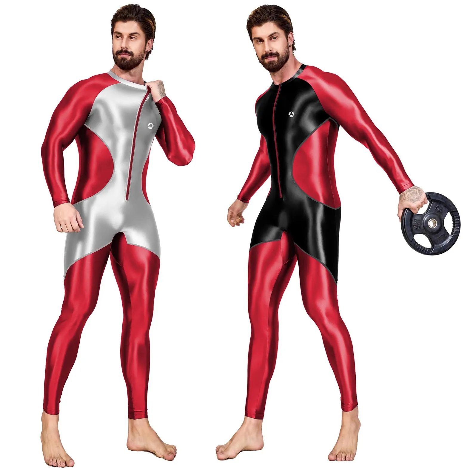 AMORESY Men's Color-block Sport Long-Sleeved Jumpsuit Tight-Fitting Spandex Swimsuit Swimwear Catsuit Overall Playsuits