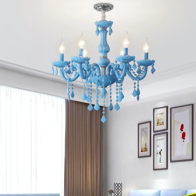 

SANDYHA Nordic Blue Crystal Pendant Lights E14 Candle Bulb for Restaurant Ceiling Chandelier Living Room Bedroom Home Decoration