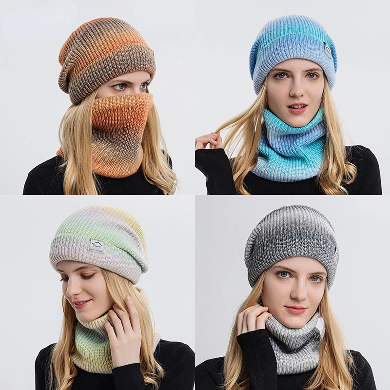 Winter Women Beanies Snood Sets Gradient Color Knitted Hat Warmer Fashion Outdoor Windproof Thicken Tie Dye Scarf Hat For Women