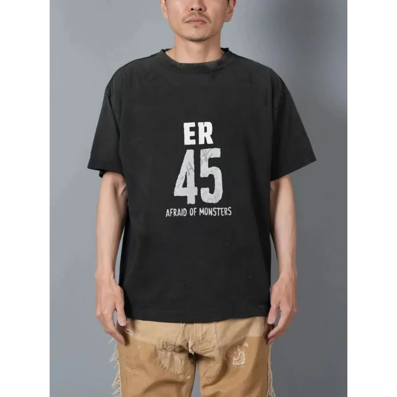 تي شيرت رجالي مغسول أسود ER 45 خائف من الوحوش نمط مطبوع جودة عالية 100% قطن 230 جرام