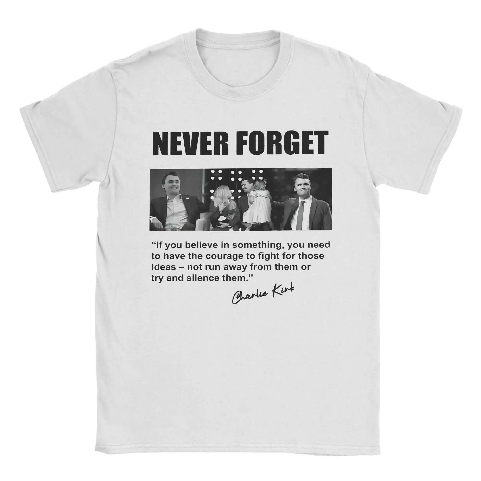 

Фирменные футболки с цитатой Чарли Кирк, мужские футболки из чистого хлопка с круглым воротником, футболка Never Forget, топы с короткими рукавами для взрослых