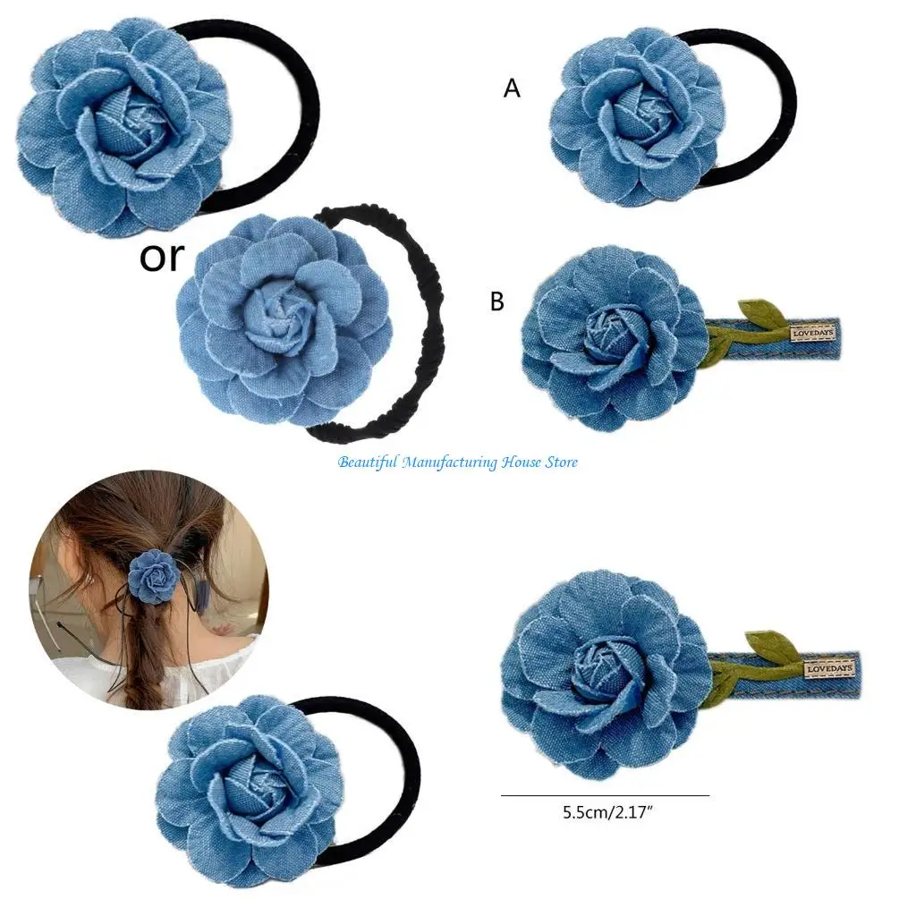 

E56A Blue Denim-Flower Hair Clips for Girls Denim-Camellia-Scrunchie Holder Women