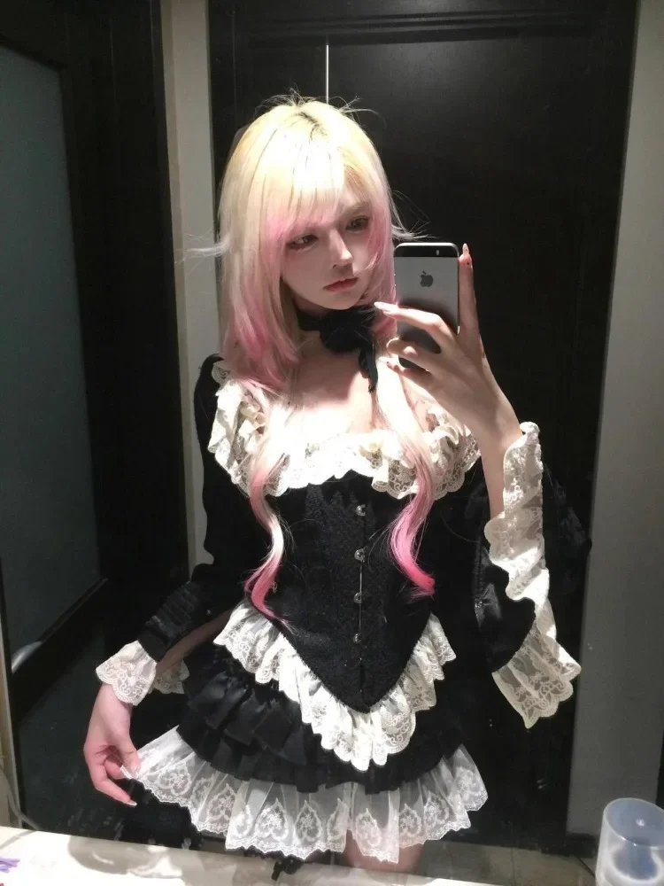 

Vintage Lace Patchwork Square Collar Slim Fit Top for Women+ Y2k Slim Waist Ruched Cake Skirts 2025 New Two Piece Sets