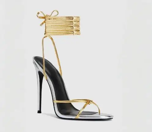New Women Gold Black Narrow Band Cross Strap Bow Knot Round Open Toe Cross Tied Lace Up Thin Heels Slingback Sandals Roman Shoes