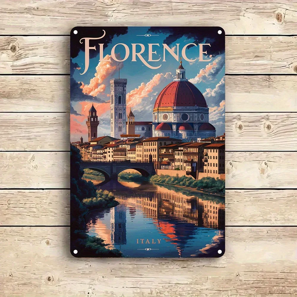 2D Flat, Vintage Florence Italy Aluminum Wall Art Sign Retro Style Decor with Iconic Duomo & Bell Tower Illustration