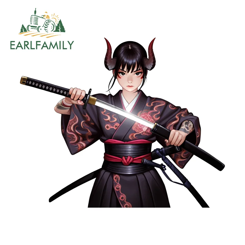 EARLFAMILY Japanese Samurai Oni Girl Draw The Sword Wall Stickers Artistic Design Decoration Practical Cool Vinyl Car Wrap