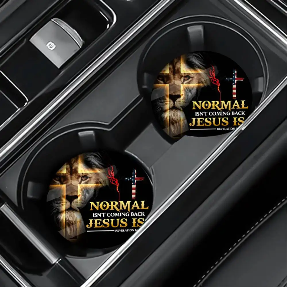 Inspirational Lion Christian Faith EVA Car Coasters 2-Pack Round Vehicle Cup Holders Car Interior Religious Decor