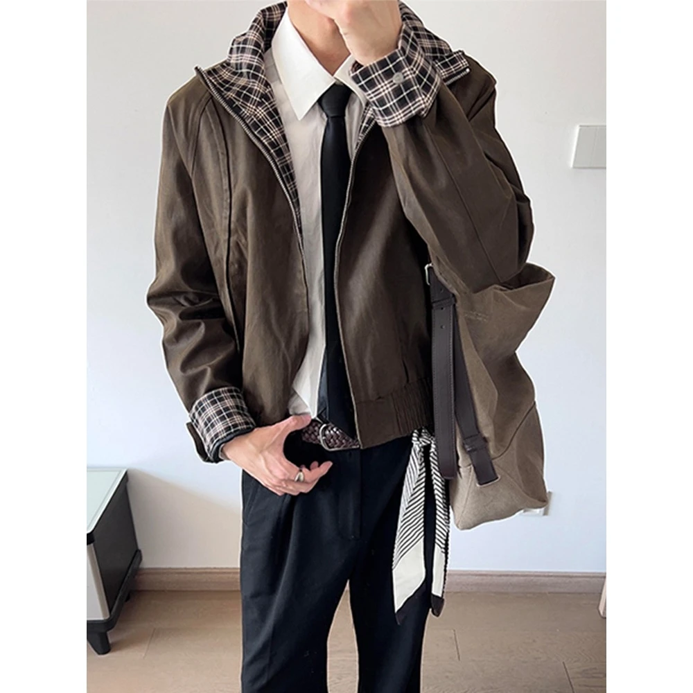 

Retro American Plaid Splicing Detroit Jaet Men's Women's Autumn Winter High Street Design Cleanfit Workwear Coat