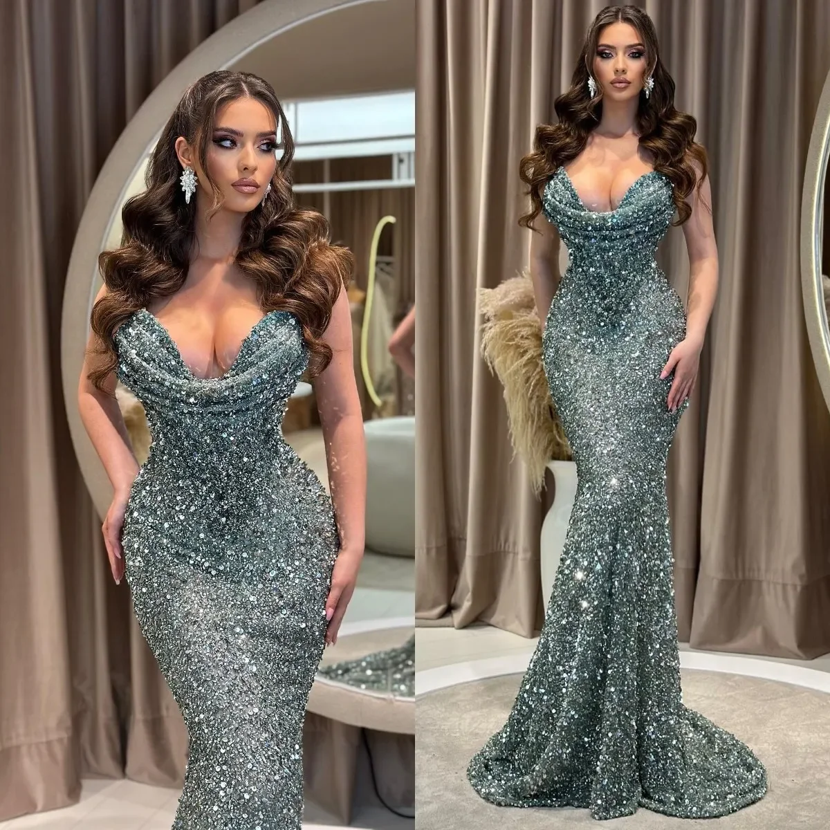 

Beautiful sexy Mermaid sequin luxurious evening dress wrapped around hips with floor length elegant ladies PROM party dress