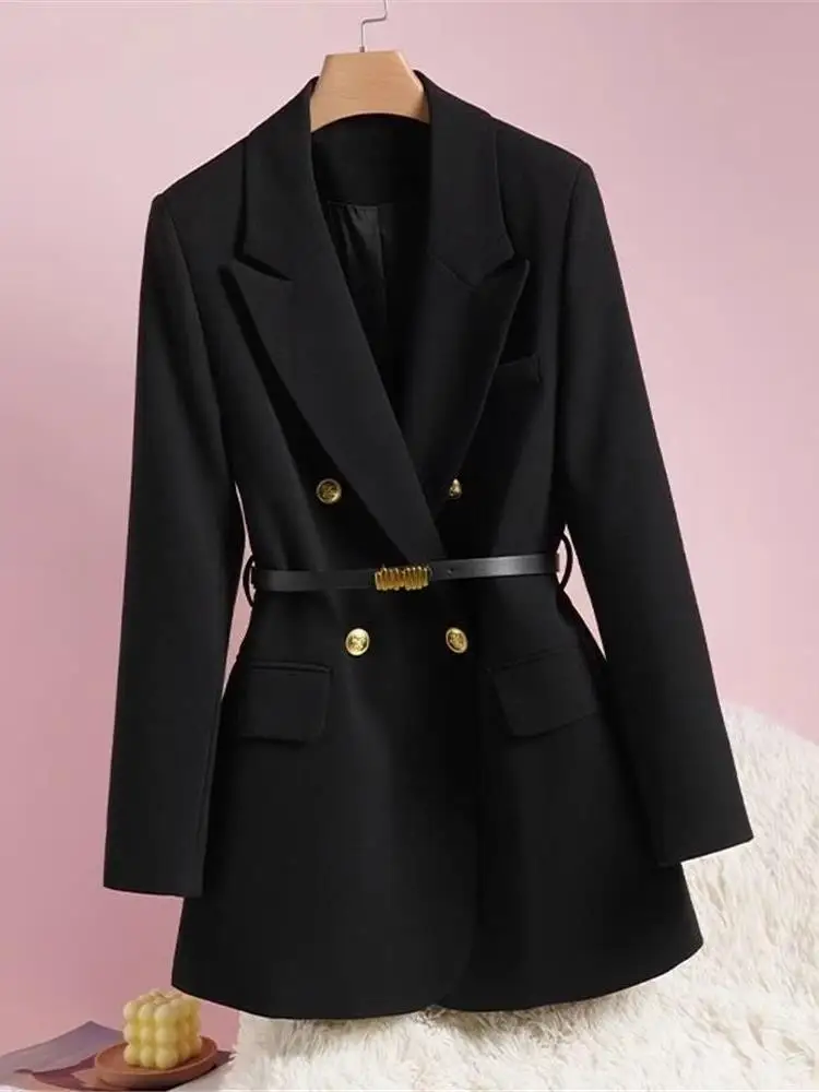 Ele Bla  Suit Jaet Women's Casual Design Spring Autumn New Korean Sle Long Sve Office Double Button Coat