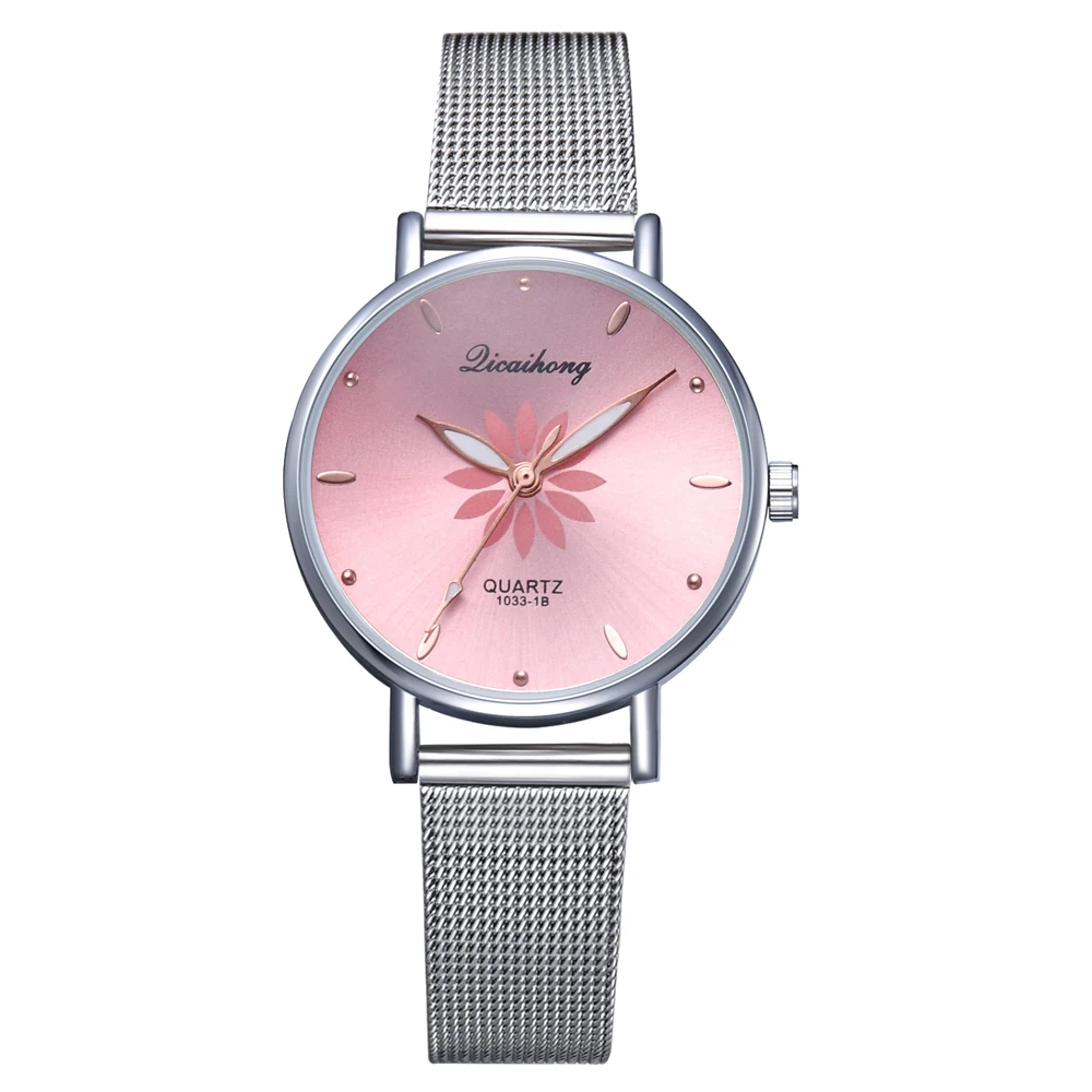 Orologi per le donne Luxury Silver Popular Pink Dial Flowers bracciale da donna in metallo orologio al quarzo orologio da polso da donna nuovo orologio