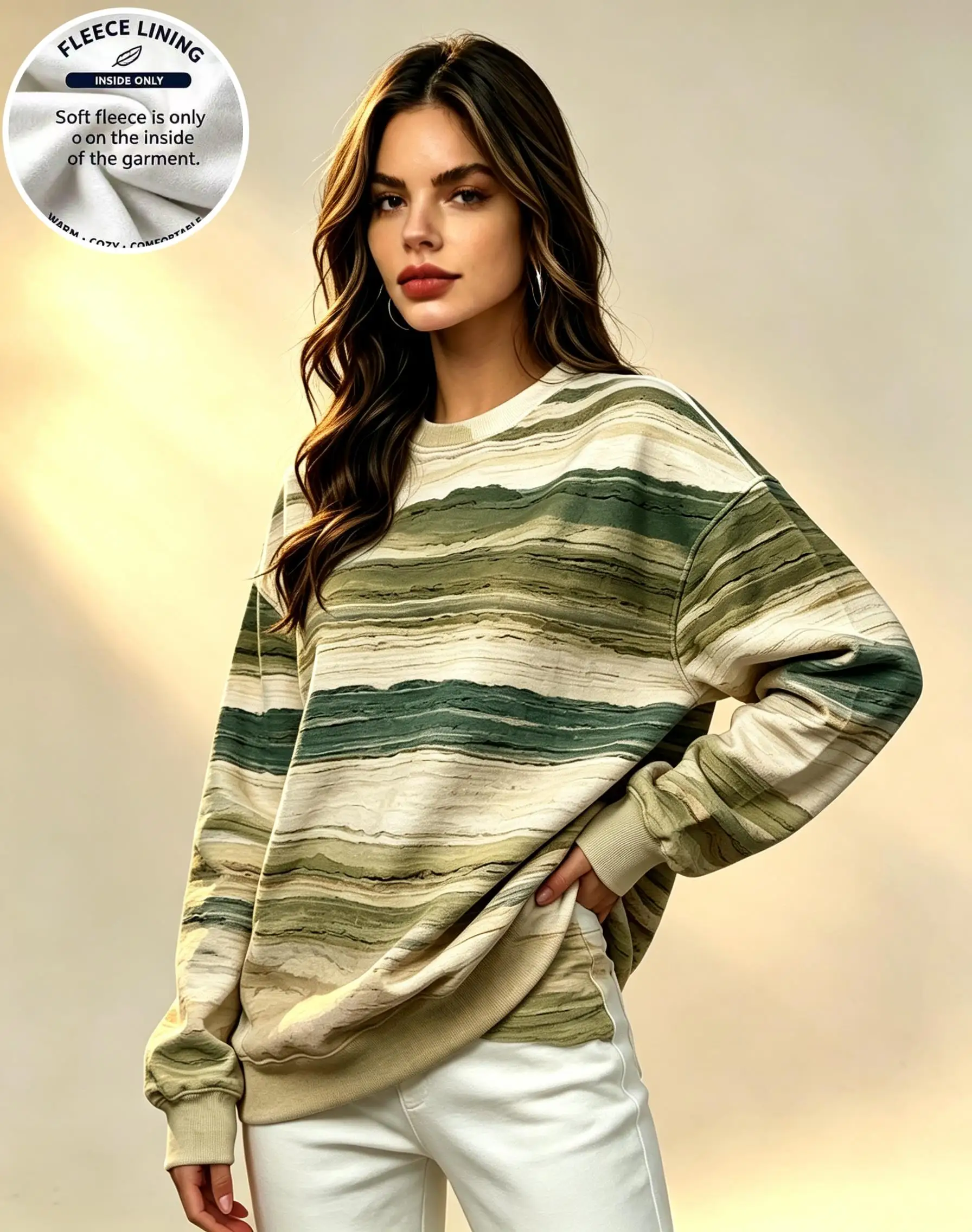 Women Crew Neck Fleece Sweatshirt Pink Beige Horizontal Stripe Gradient Print Long Sleeve Loose No Hood Warm Pullover