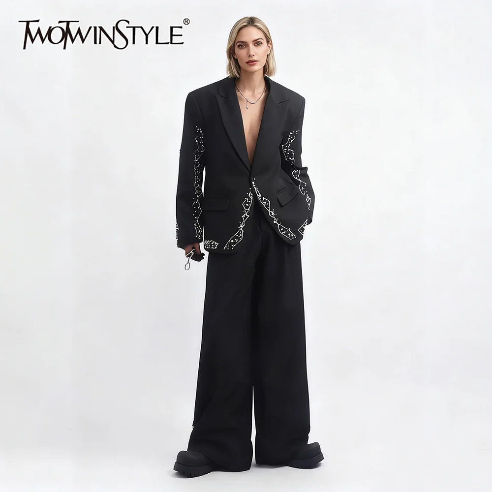 

TWOTWINSTYLE модные свободные повседневные пиджаки из бисера для женщин с лацканами и длинными рукавами в стиле пэчворк, элегантный женский пиджак с вышивкой