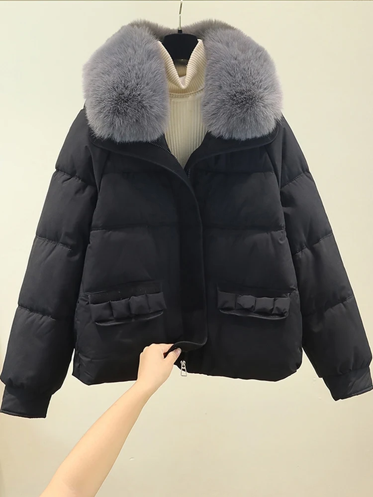 

Теплая хлопковая куртка с большим меховым воротником для женщин, корейский стиль, свободный крой, длинный рукав, на молнии, антивозрастная верхняя одежда