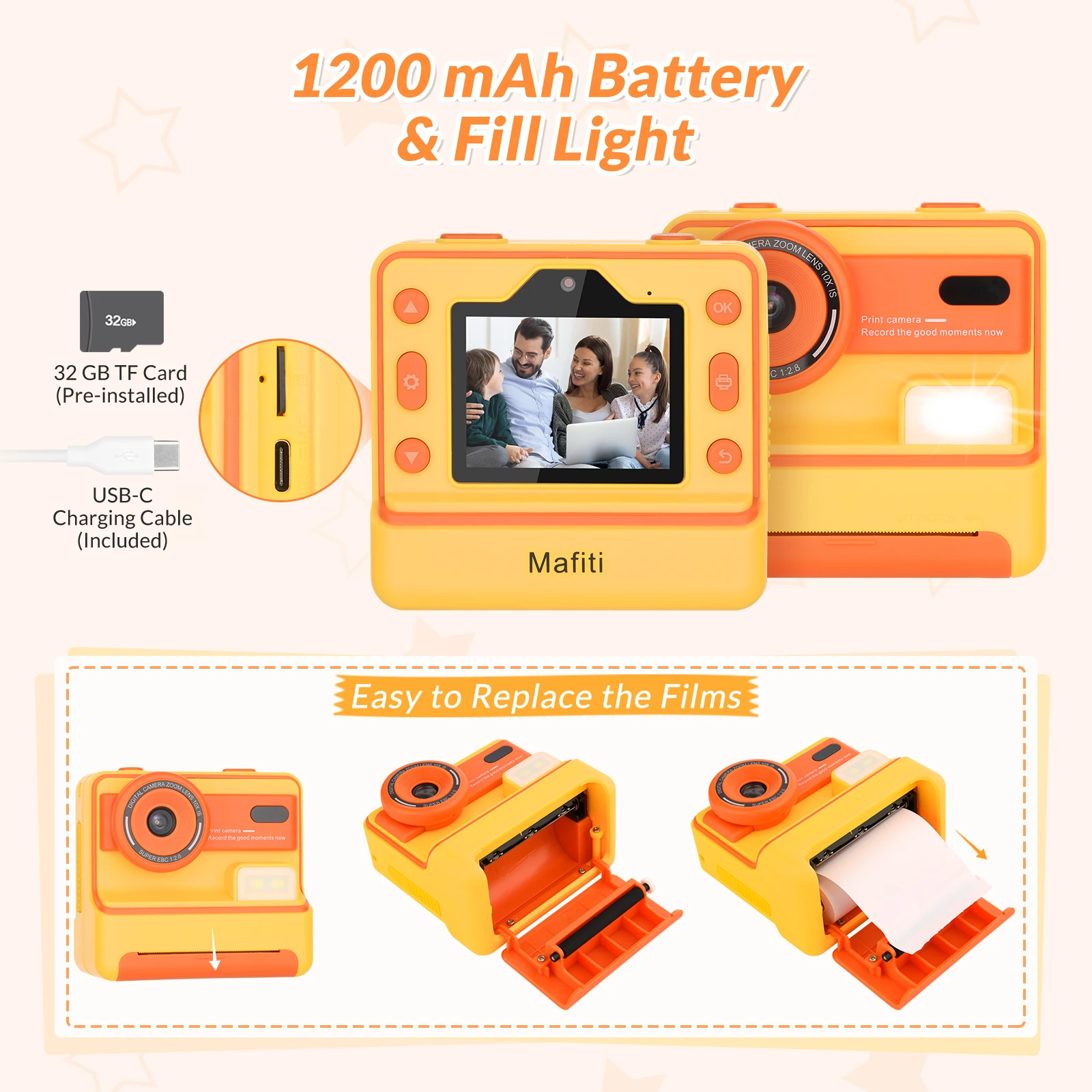 Aparat fotograficzny dla dzieci Mafiti z natychmiastowym drukowaniem, aparat natychmiastowy 1080P dla dzieci, cyfrowy aparat do selfie z wyświetlaczem 2,4 cala dla dziewczynek i chłopców w wieku 3-12 lat