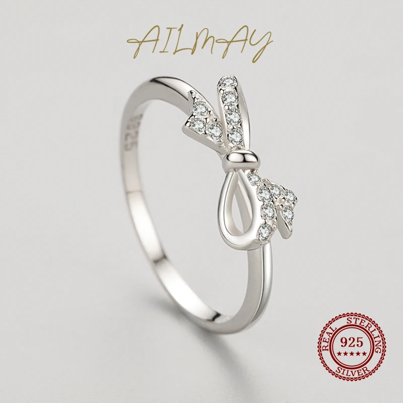 Ailmay Fashion 925 Sterling Silver Romantic Bowknot Stackable Shiny CZ Finger Ring Dla kobiet Drobna biżuteria Prezent walentynkowy — zdjęcie 6