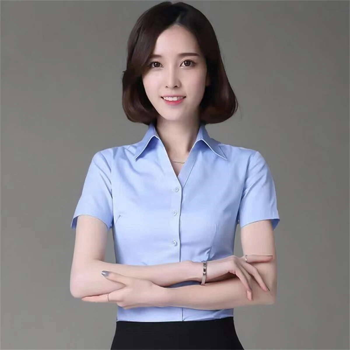 

Office Ladie‘s Fashionable Shirts Workplace Commuting Clothing Ladie‘s Professional Tops Bamboo Fiber Solid Color Elegant V-neck