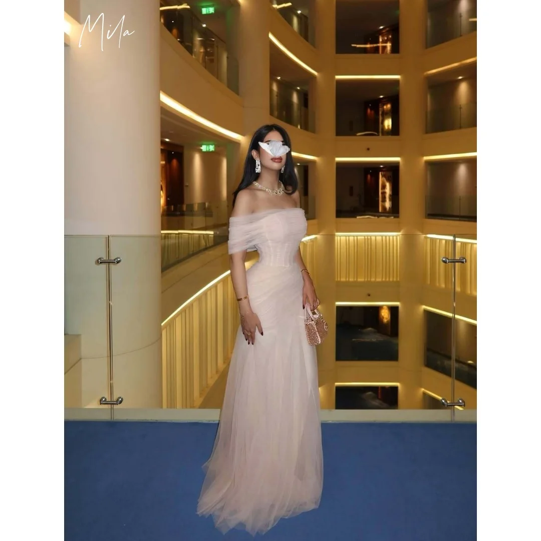 Mila Blush Off Shoulder Prom Dresses with Ruched Tulle Bodice and Mermaid Floor Length Skirt Customized Formal Evening 2026