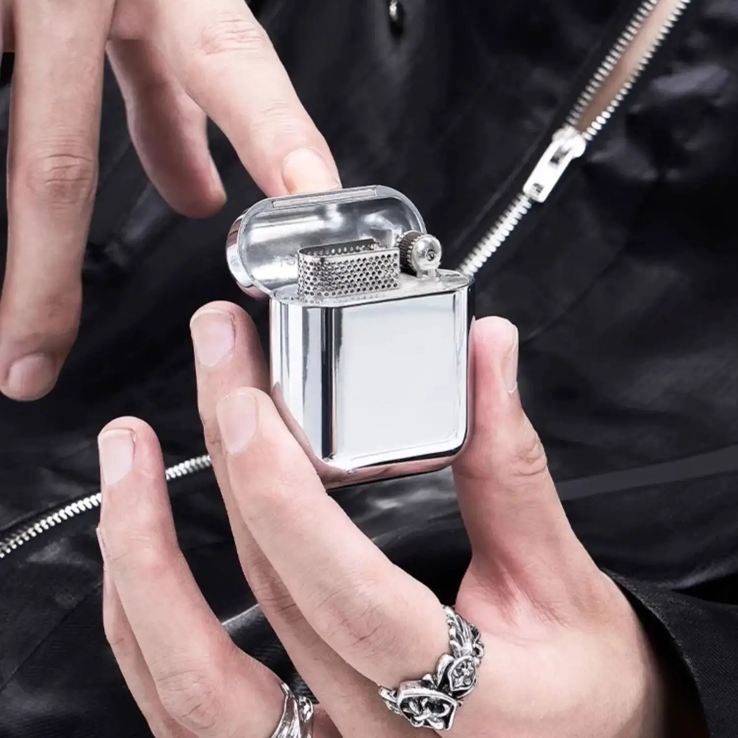 Elegant Mini Flip Kerosene Lighter - Earphone Inspired Ideal Gift for Him Premium Brass with Lustrous Silver Finish
