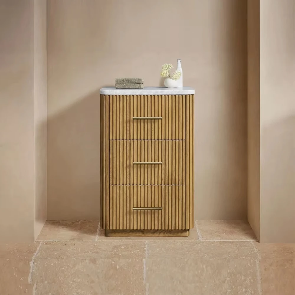 Luxury Antique French Style Solid Oak 3 Drawers Bath Cabinet with Stone Top Reeded Wood Design Home Furniture