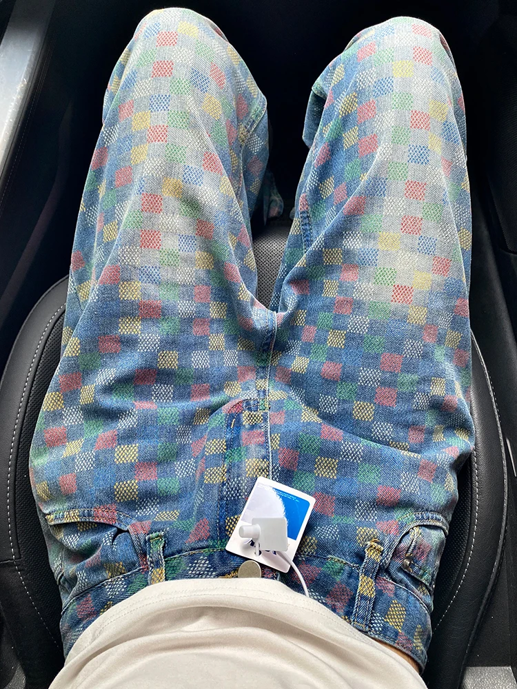 

Синие клетчатые джинсы с высокой талией и широкими штанинами, женские модные летние брюки для похудения, новинка, повседневные длинные брюки в корейском стиле