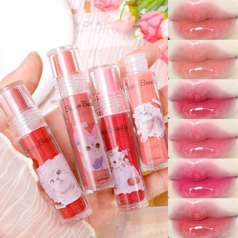 6Colors Cute Cat Lipgloss Lips Essence Jelly Lip Glaze Moisturizer Mirror Water Light Lipsticks Red Lip Tint Liquid Lip Oil Balm