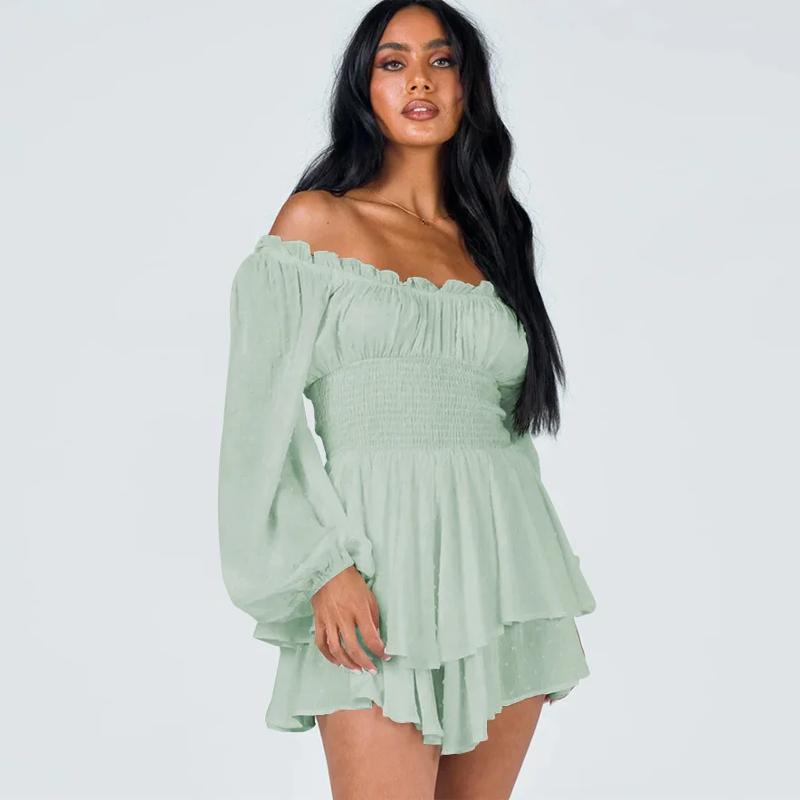 Ruffles Pleated French Women Shorts Jumpsuits Long Sleeve Backless Mini Dress Playsuits Lady Elegant Sexy Holiday Solid Rompers