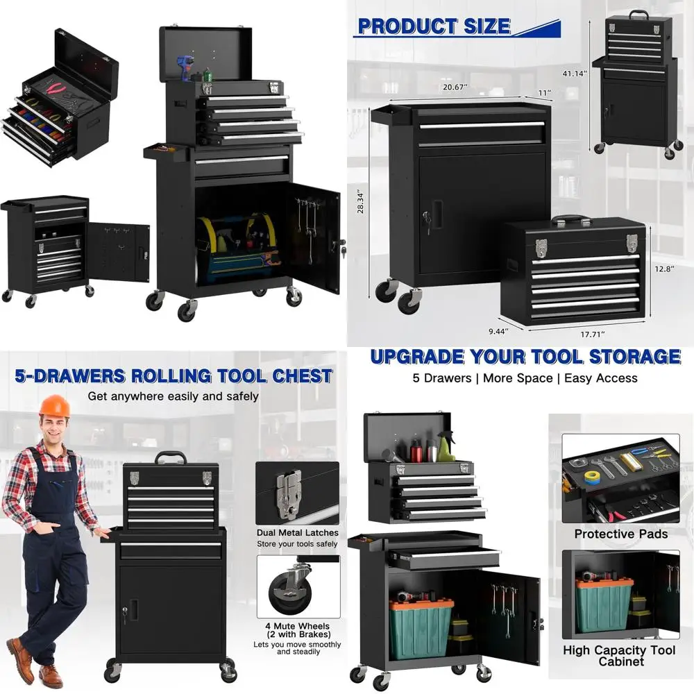 

Portable 5-Drawer Tool Chest with Lockable Wheels and Detachable Top for Workshop (Black)