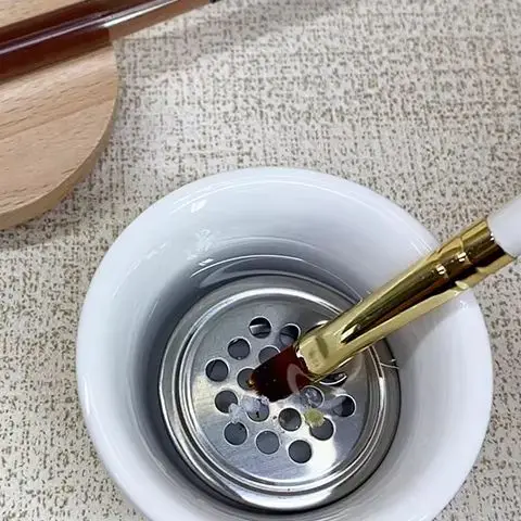 Keramik Nagel Pinsel Reiniger Dappen Dish Mit Holz Deckel Nagel Pinsel Waschen Tasse Edelstahl Mesh Filter Tasse Nagel Werkzeug