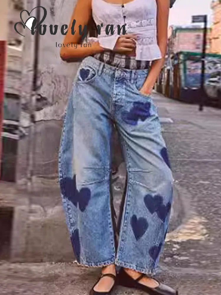 

Preppy Printed Jeans Women Street Empire Zippers Wide Leg Ankle-length Denim Pant Female 2025 Spring Summer Casual Lady Pants