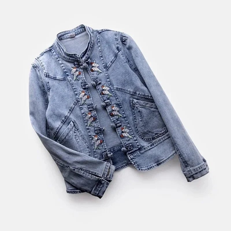 

Women Denim Jacket 2024 Spring Autumn Long Sleeve Embroidery Ladies Jeans Coat Femme Loose Short Cowboy Outwear Streetwear