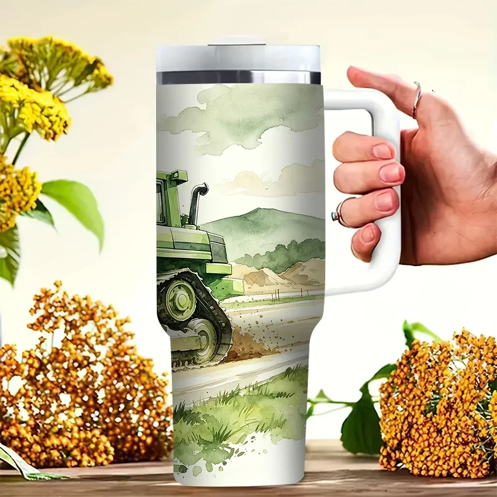 40oz Tumbler with Dozer Life Green Bulldozer Print, Equipped with Convenient Handle, Suitable for Construction Vehicle Lovers, Works for Both Hot And Cold Drinks, Great for Daily Use And Outdoor Activities