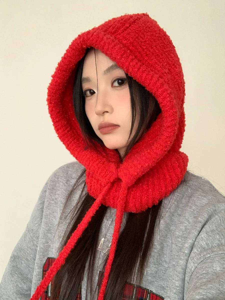 Christmas Red Balaclava Women 2024 Winter Korean Series Warm Thickened Cold-Proof Knitted Pullover Woolen Cap