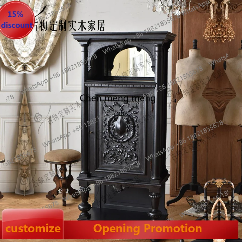 

French retro solid wood entrance table, black carved entrance table/storage locker can be customized
