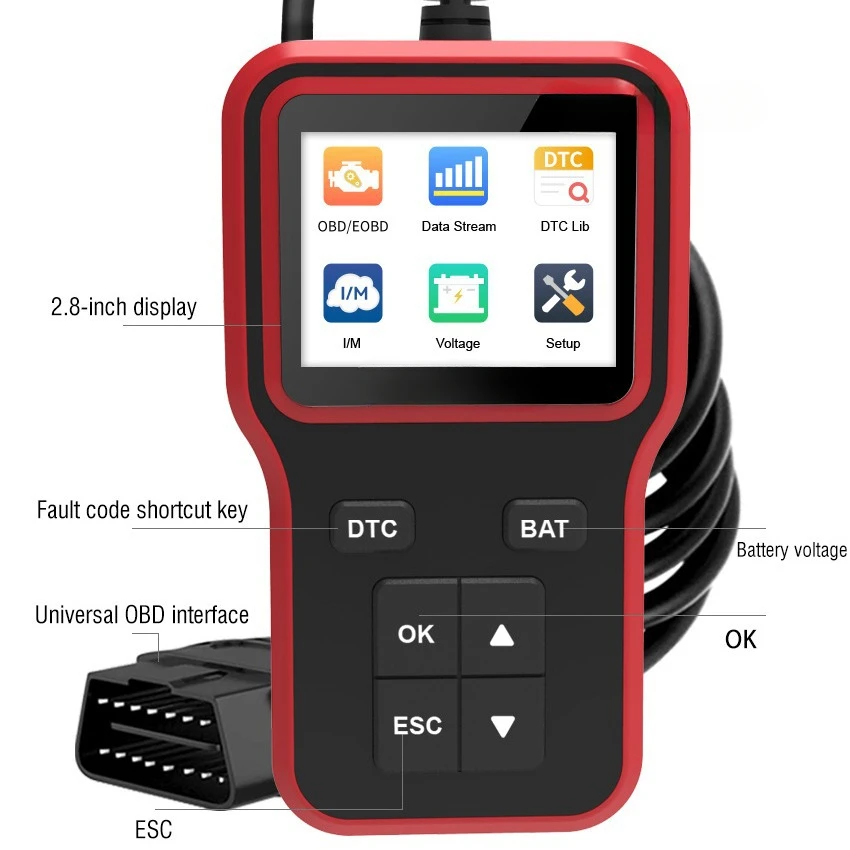 Code reader, color screen in 8 languages, engine detection, automotive diagnostic scanner