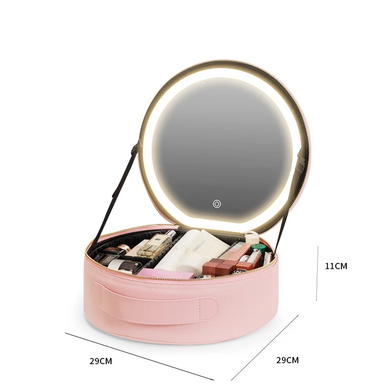 Travel Makeup Bag with Led Mirror Makeup Case with Lighted Mirror Cosmetic Organizer bag with Adjustable Dividers (round)