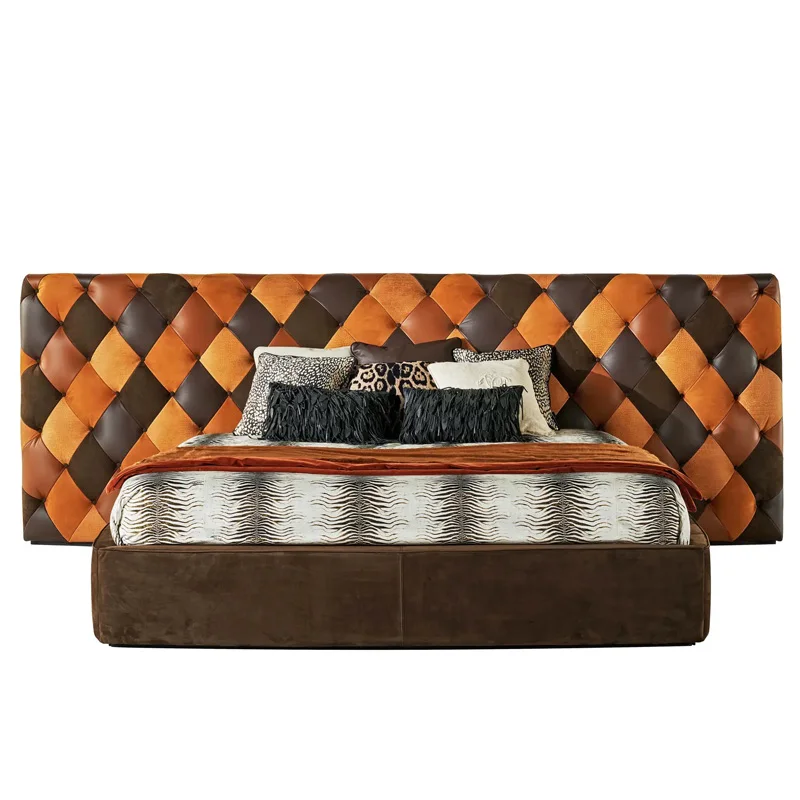 Italian luxury modern bedroom furniture, button leopard print fabric, high headboard, double bed set, family king bed