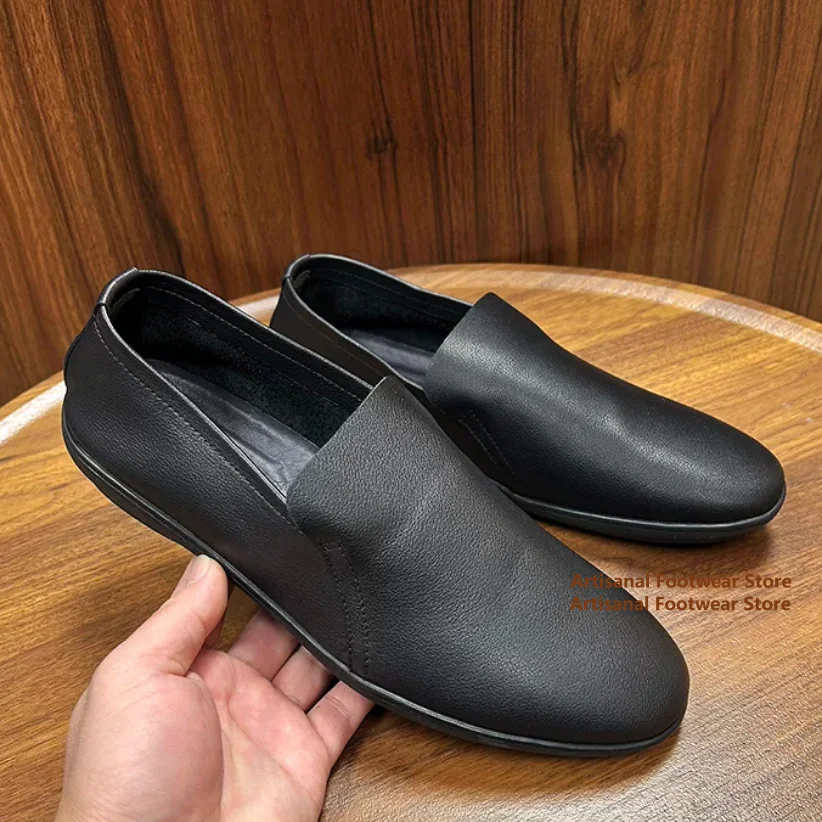 

Brown/black Leather Slip On Loafers Breathable Hole Soft Leather Driving Shoes Round Toe Lightweight Flats Trendy Men's Shoes