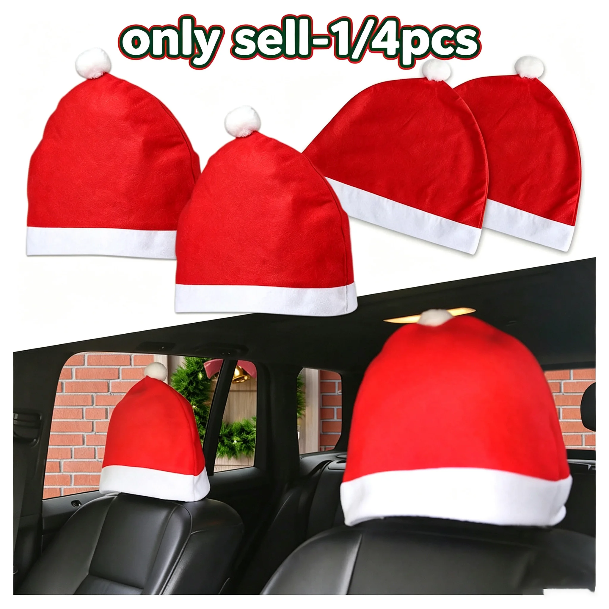1/4 Piece Set Cute Santa Claus Hat Car Seat Headrest Covers - Functional Christmas Car Decorations - Accessory for Most Car Head
