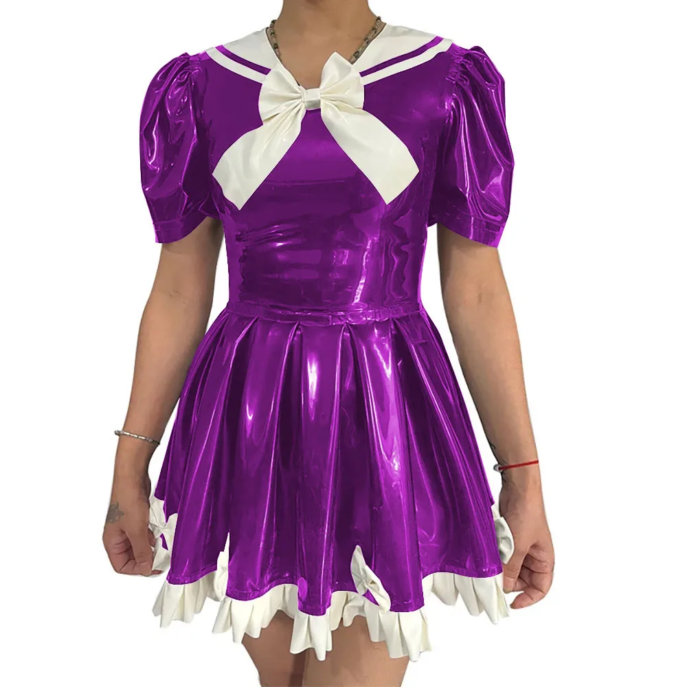 

College Styly Lolita Bow Mini Dress Latex-look PVC Leather Puff Sleeves Pleated Short Dress Sweet Cosplay Sailor Party Dresses