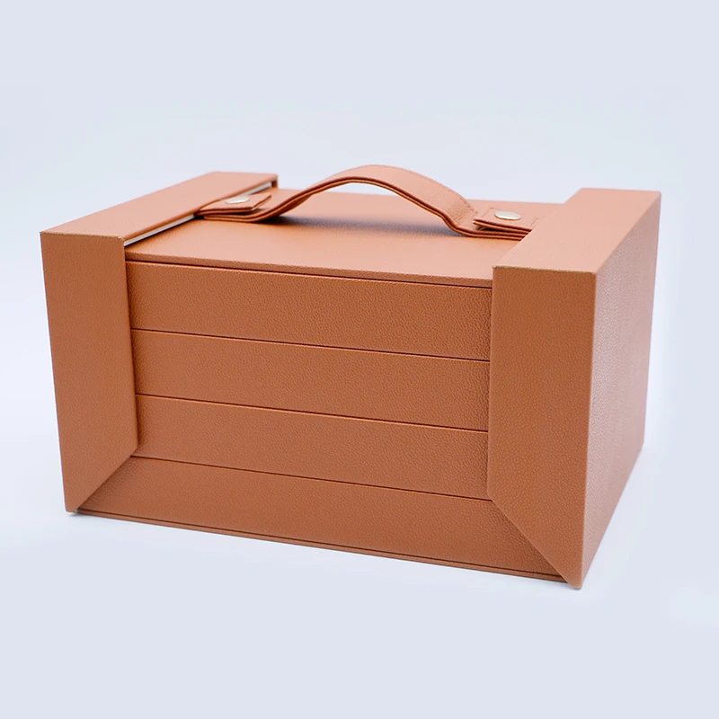 بو الجلود والمجوهرات صندوق سفر متعدد الطبقات الخشب مجوهرات المنظم حالات عرض المجوهرات المخصصة #6